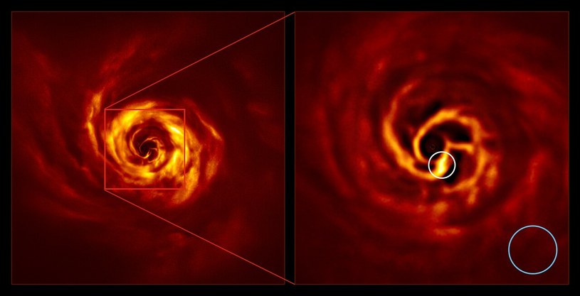 Zdjęcie pokazuje dysk gwiazdy AB Aurigae B, na którym formuje się nowa planeta (oznaczona białym kółkiem) /NASA