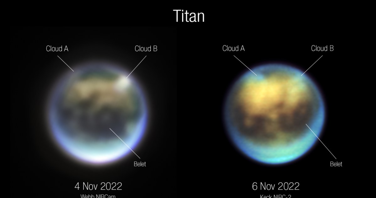 Zdjęcie ukazujące chmury na Tytanie, jednym z księżyców Saturna / NASA, ESA, CSA, Webb Titan GTO Team/Alyssa Pagan (STScI) /NASA
