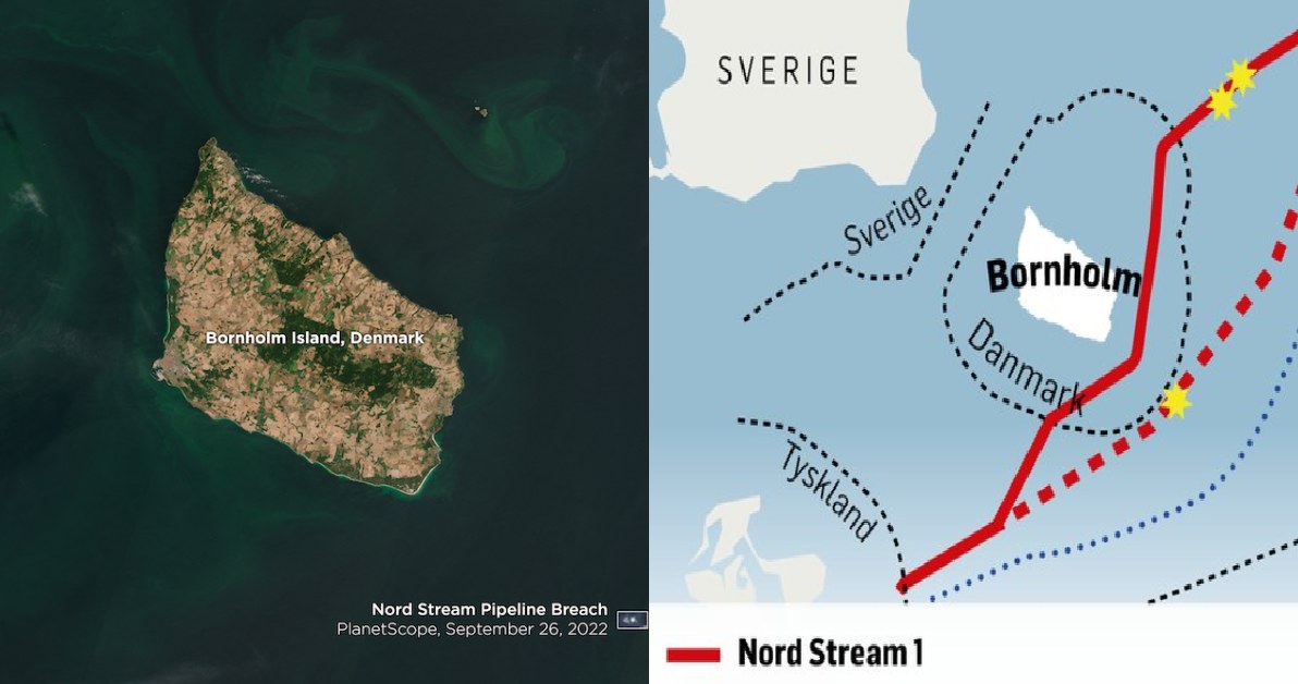 Zdjęcie wyspy Bornholm wykonane przez satelitę Dove w sierpniu. - żółte gwiazdki na mapie to miejsca zlokalizowanych wycieków z gazociągu /Twitter
