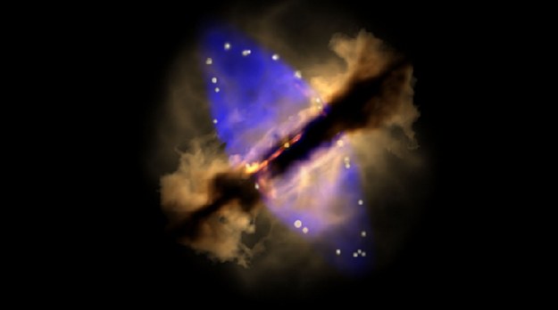 Zdjęcie z 2014 r. ukazujące gwiazdę z wyraźną kolumną zjonizowanego gazu wystrzeliwanego w przestrzeń kosmiczną (na niebiesko) /NASA