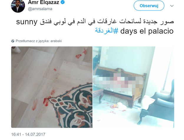 Zdjęcie z hotelu Sunny Days El Palacio w Hurghadzie, w którym nożownik zaatakował turystów. Zdjęcie opublikowane na Twitterze. /Amr Elqazaz/Twitter /Zrzut ekranu