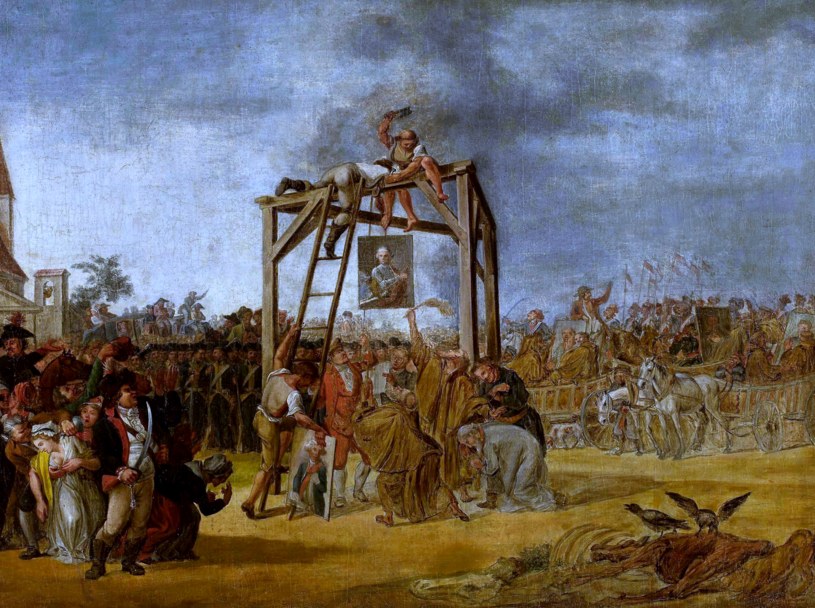 Ze względu na ucieczkę zdrajców powieszono ich "in effigie" - jest to średniowiecza norma pozwalająca na wykonanie kary śmierci na wizerunku skazanego, który nie dożył egzekucji lub zbiegł. /domena publiczna