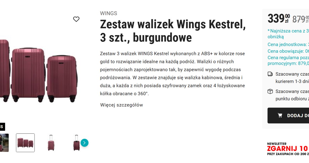 Zestaw walizek Wings Kestrel, 3 szt., burgundowe - Biedronka Home /Biedronka Home /INTERIA.PL