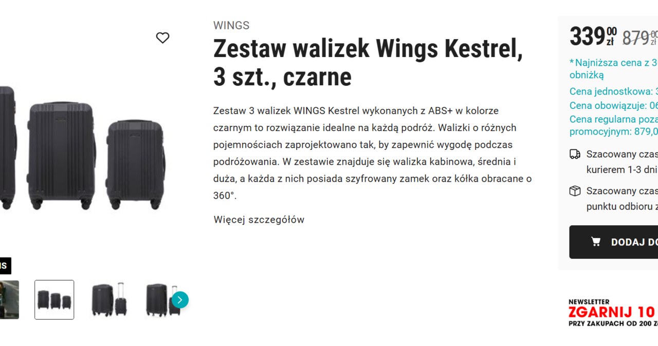 Zestaw walizek Wings Kestrel, 3 szt., czarne - Biedronka Home /Biedronka Home /INTERIA.PL