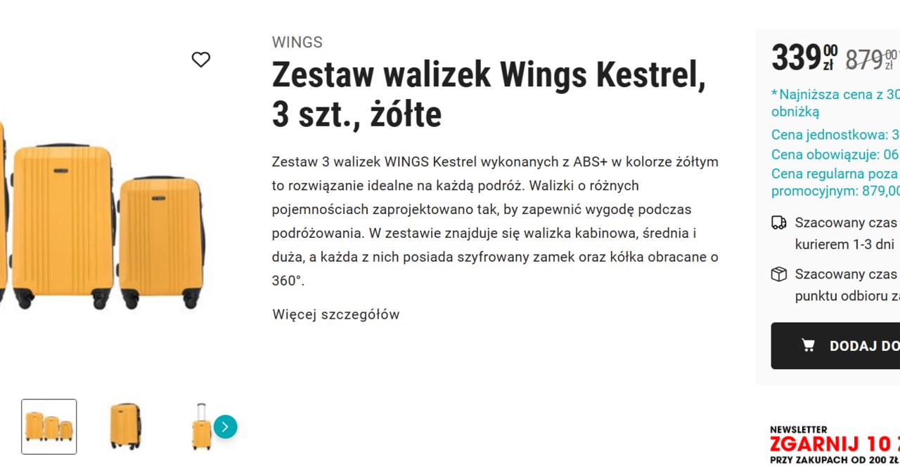 Zestaw walizek Wings Kestrel, 3 szt., żółte - Biedronka Home /Biedronka Home /INTERIA.PL