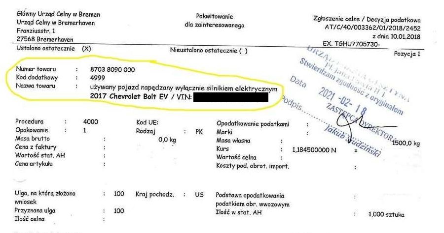 Zgłoszenie celne z Niemiec, nr VIN do wiadomości redakcji /