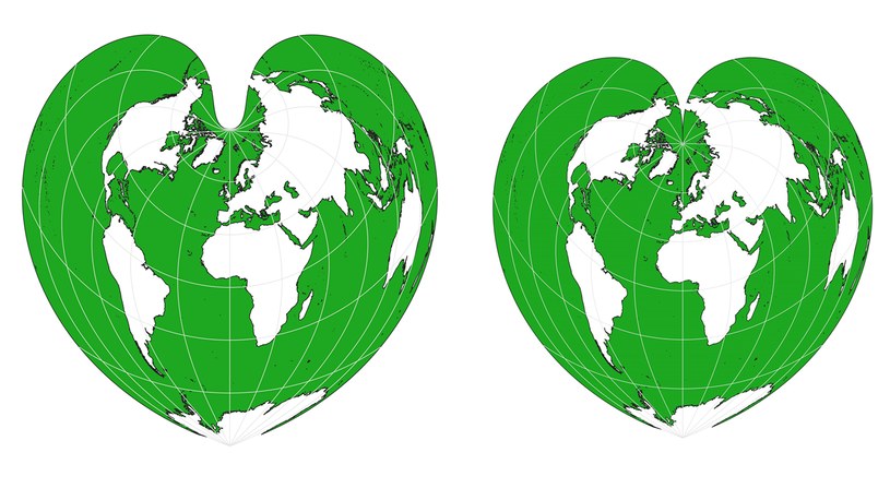 Ziemia w kształcie serca. Z lewej odwzorowanie Bonne'a, z prawej odwzorowanie Wernera /Karol Kubak /archiwum prywatne