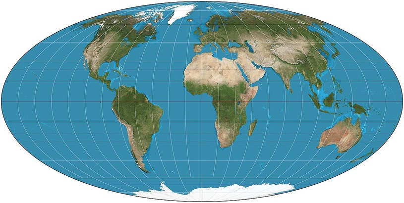 Ziemia w odwzorowaniu Mollweidego /Strebe/CC BY-SA 3.0 /Wikimedia