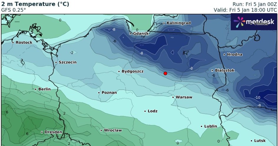 Zima obejmuje coraz większy obszar Polski /wxcharts /