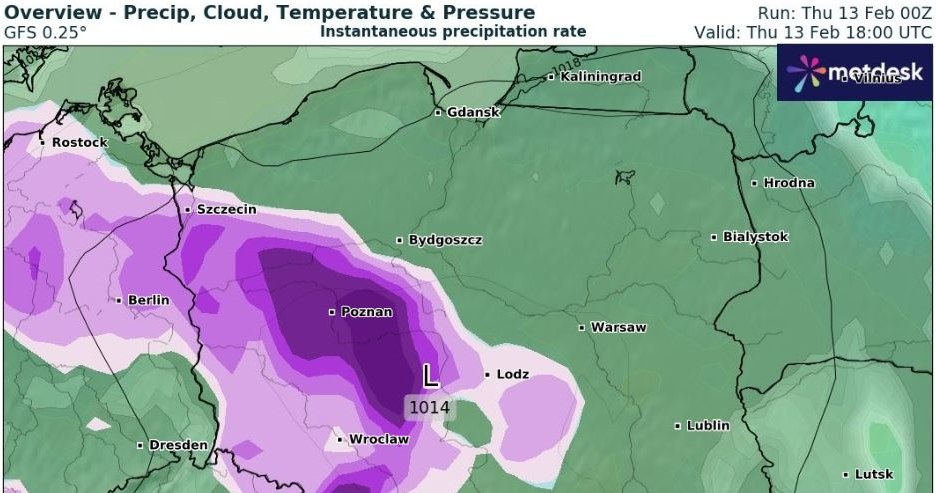 Zimowych opadów w ciągu dnia należy się spodziewać przede wszystkim na południowym zachodzie Polski /wxcharts /