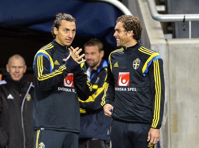 Zlatan Ibrahimović (z lewej) z kolegą z reprezentacji Johanem Elmanderem /PAP/EPA