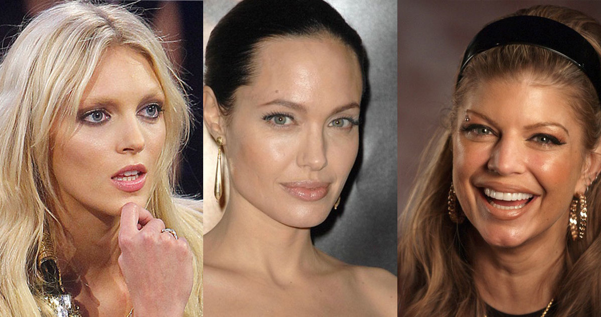 Złote, rozświetlające makijaże kochają wszystkie gwiazdy, niezależnie od koloru włosów i skóry. Na zdjęciu Anja Rubik, Angelina Jolie i Fergie /AKPA /East News