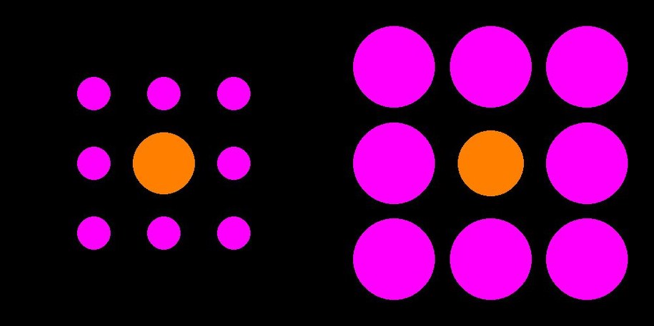 Złudzenie Ebbinghausa, to iluzja optyczna, w której postrzegana wielkość obiektu zmienia się w zależności od wielkości obiektów, które go otaczają. Pomarańczowe koło po lewej wydaje się większe, mimo, że jest o 6 procent mniejsze od tego po prawej.