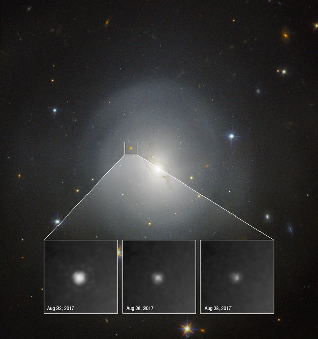 Zmiana jasności NGC 4993 podczas kolejnych obserwacji /NASA, ESA. A.J. Levan (U. Warwick), N.R. Tanvir (U. Leicester), and A. Fruchter and O. Fox (STScI) /Materiały prasowe
