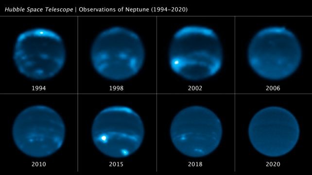 Zmiany w zachmurzeniu Neptuna zarejestrowane przez Hubble'a w latach 1992-2020 /NASA, ESA, Erandi Chavez/UC Berkeley, Imke de Pater/UC Berkeley /domena publiczna