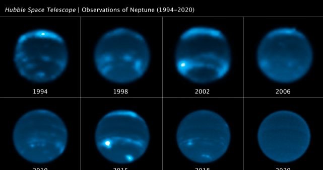 Zmiany w zachmurzeniu Neptuna zarejestrowane przez Hubble'a w latach 1992-2020 /NASA, ESA, Erandi Chavez/UC Berkeley, Imke de Pater/UC Berkeley /domena publiczna