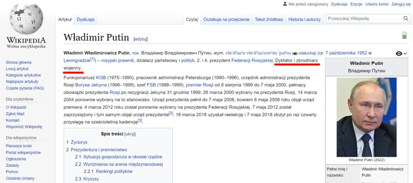 Zmienił się biogram Putina w polskiej Wikipedii - co do niego dodano? /Zrzut ekranu /Wikipedia