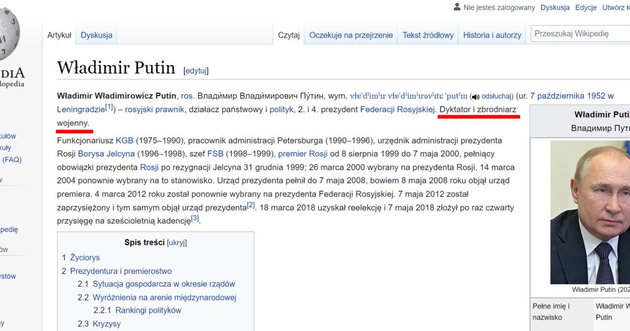 Zmienił się biogram Putina w polskiej Wikipedii - co do niego dodano? /Zrzut ekranu /Wikipedia
