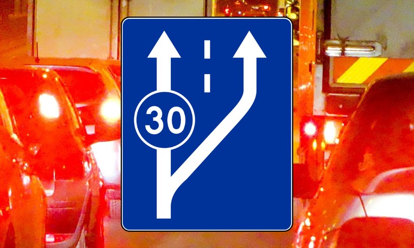 Znak D-13 informuje o podzieleniu pasów ruchu na 2 strefy. /Piotr Kamionka/REPORTER/ East News/ Krzysztof Blachnicki/ Wikimedia /