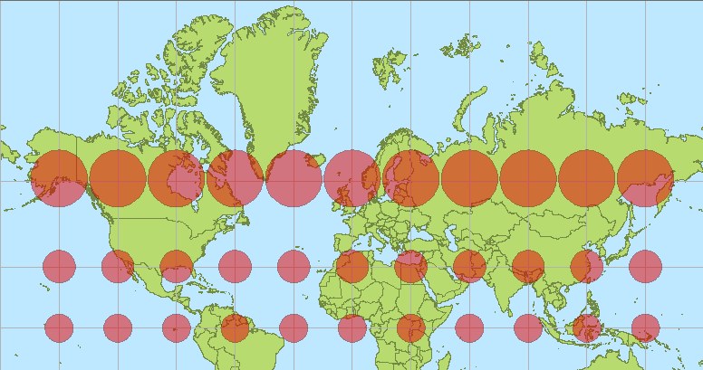 Zniekształcenia powierzchni w odwzorowaniu wiernokątnym walcowym Mercatora. Zwróć uwagę, że właśnie tego odwzorowania używa Google w swoich mapach /Wikimedia