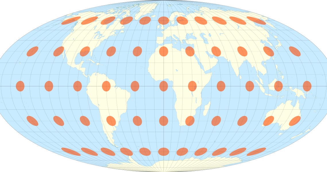 Zniekształcenia w odwzorowaniu Mollweidego pokazane na czerwonych kropkach. Powierzchnie kropek są takie same /U.S. NGDC World Coast Line/Eric Gaba/CC BY-SA 4.0 /Wikimedia