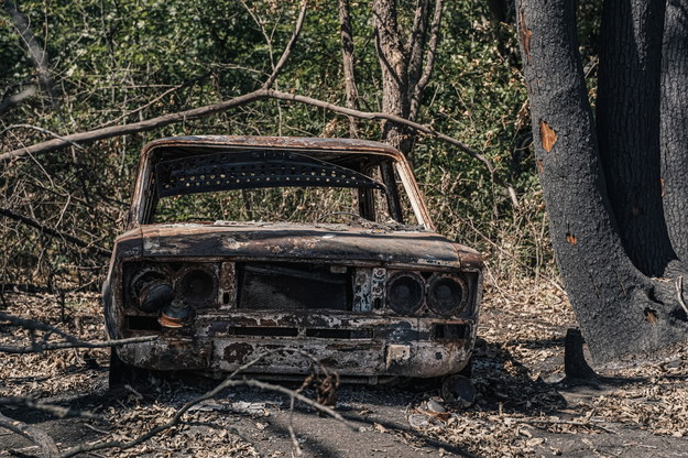 Zniszczony przez wojsko rosyjskie samochód na linii frontu w regionie Donbasu /Vladyslav Karpovych /PAP