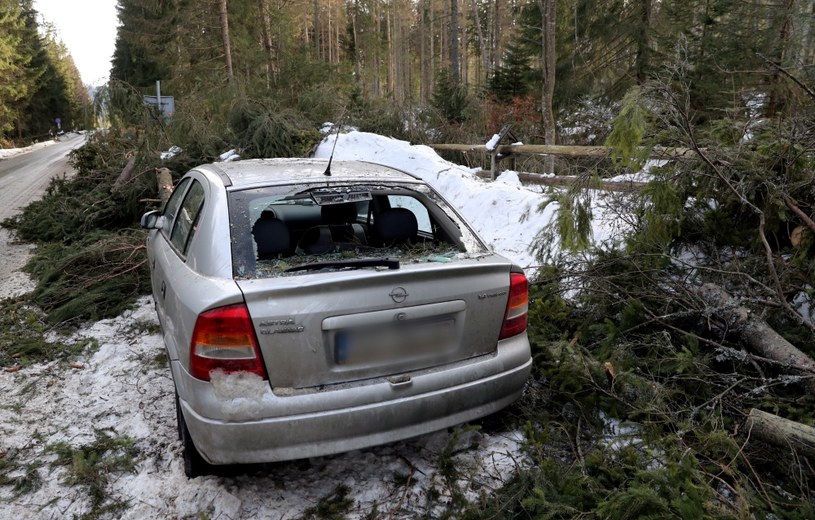 Zniszczony samochód na drodze do granicy ze Słowacją /Grzegorz Momot /PAP