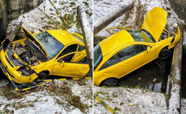 Żółty chevrolet porzucony w basenie przeciwpożarowym. Policja dotarła do właściciela