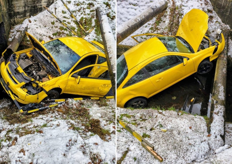 Żółty chevrolet porzucony w basenie przeciwpożarowym w Gliwicach /facebook.com