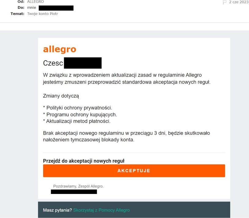 Zrzut ekranu maila od oszustów /INTERIA.PL