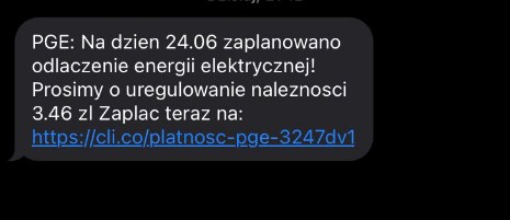 Zrzut ekranu - przykładowy SMS wysłany przez oszustów /