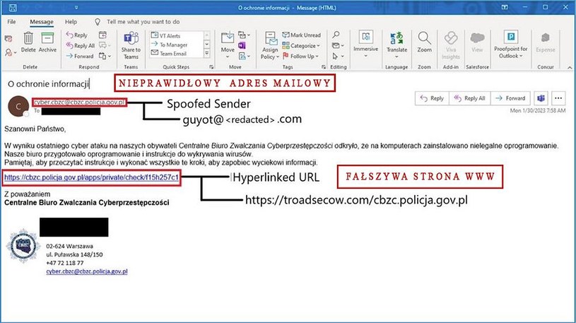 Zrzut ekranu z fałszywej wiadomości oszustów podszywających się pod Centralne Biuro Zwalczania Cyberprzestępczości /Komenda Główna Policji /materiały prasowe