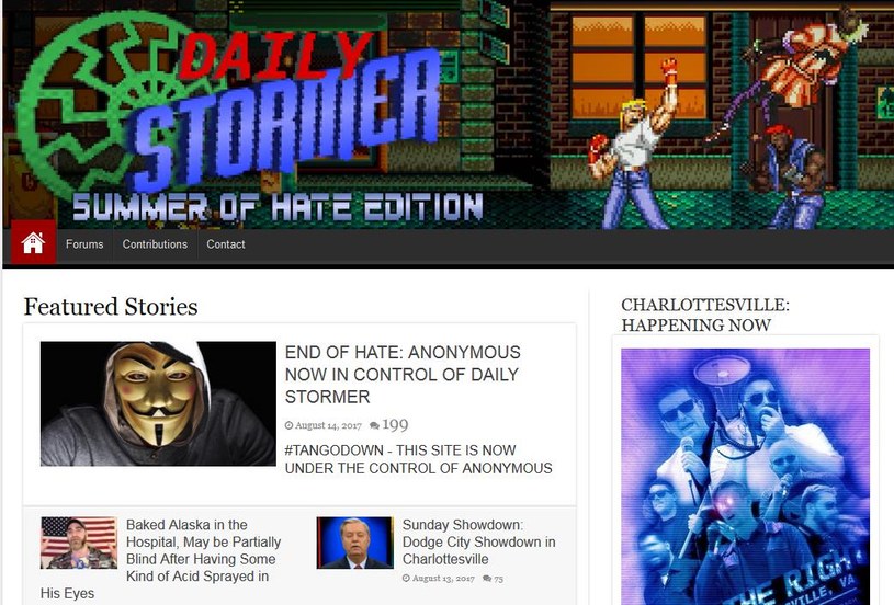 Zrzut ekranu ze strony Daily Stormer, po rzekomym przejęciu kontroli przez Anonimowych /Internet