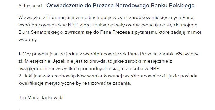 Zrzut ekranu ze strony senatora PiS Jana Marii Jackowskiego /