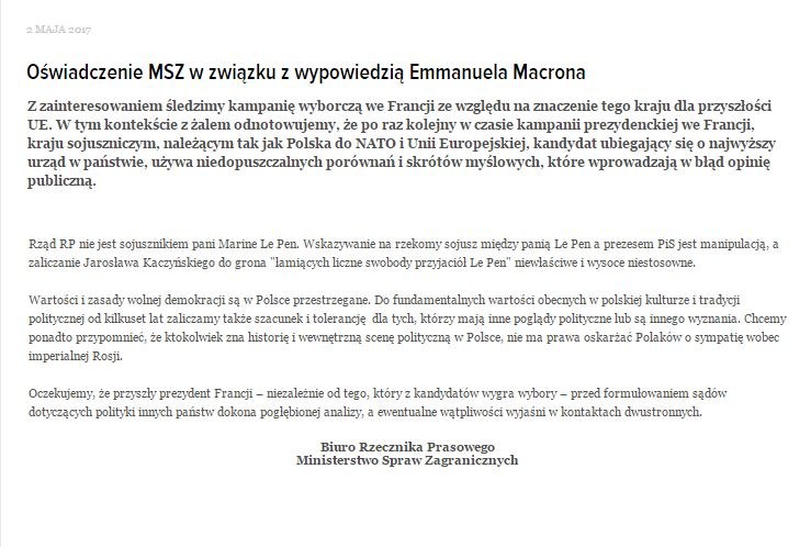 Zrzut ze strony MSZ. Oświadczenie w języku polskim /MSZ /