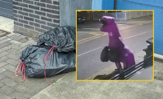 Zuchwały dinozaur w akcji! Wyrzucił śmieci, zatańczył z latarnią i uciekł w mrok