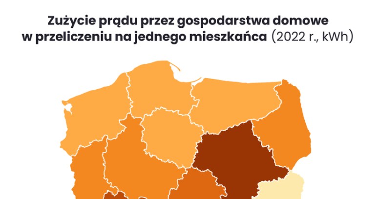 Zużycie prądu przez gospodarstwa domowe w przeliczeniu na jednego mieszkańca w 2022 r. Źródło: RynekPierwotny.pl /