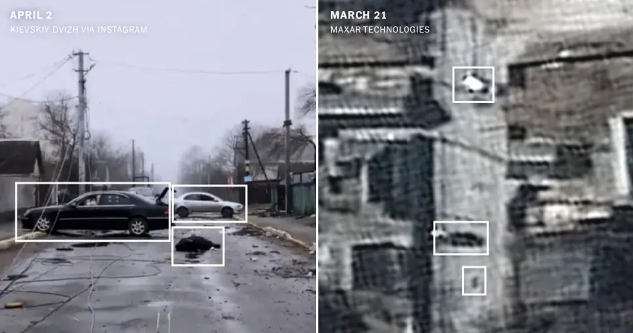 Zwłoki w Buczy w widoku z ulicy i z satelity /Kievskiy Dvizh/ Instagram / Maxar Technologies /Twitter